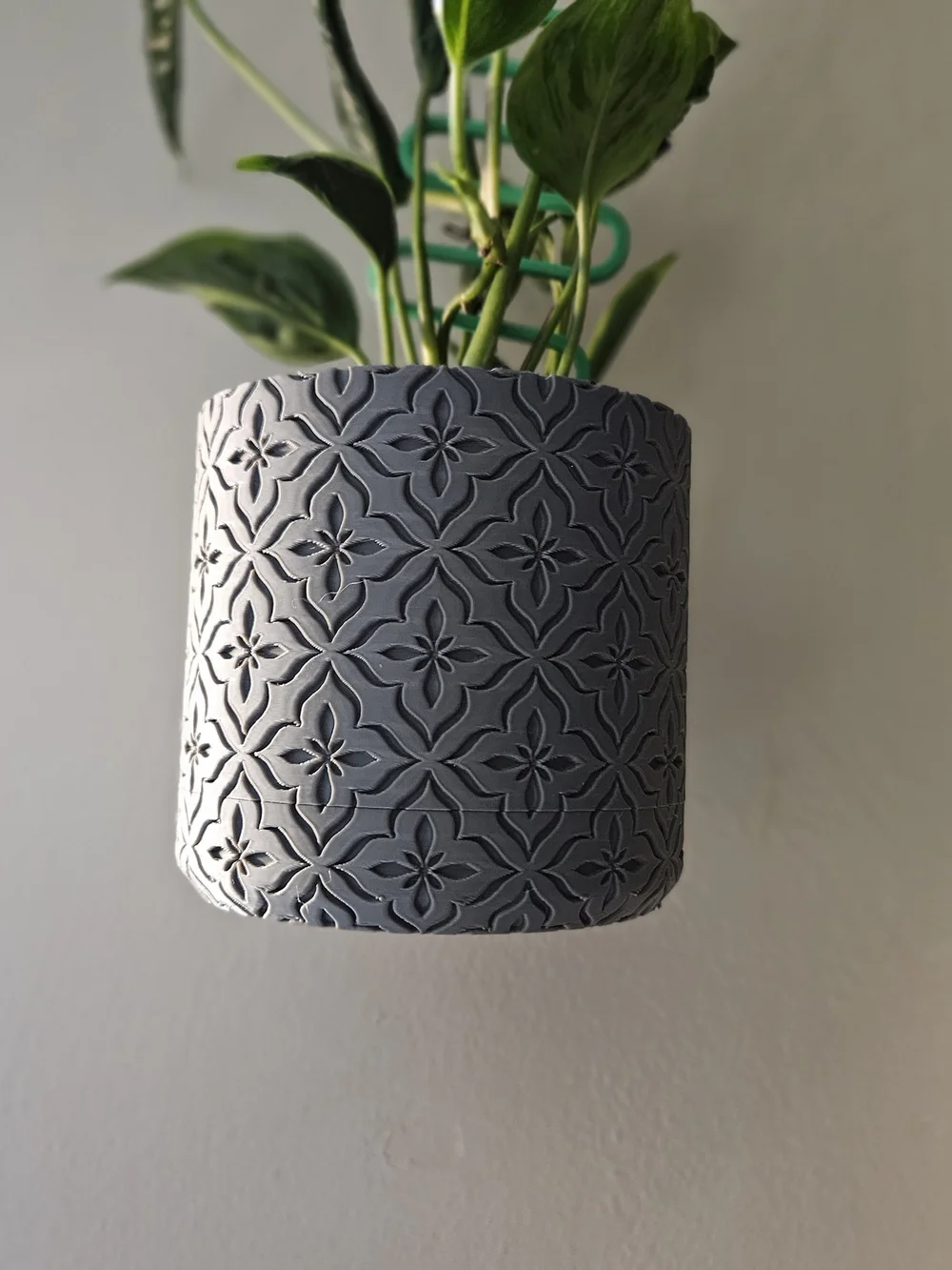Decorative Gray Hanging Planter with Floral Relief Pattern - 3d Printed